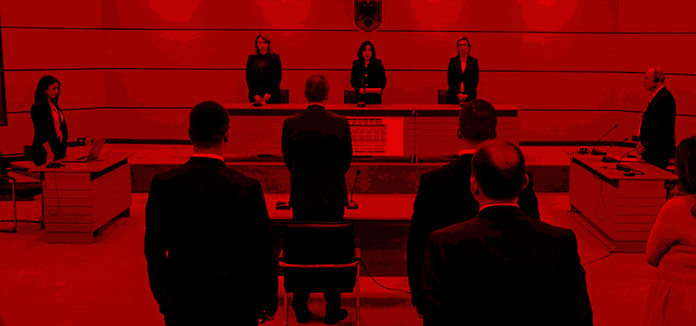 Vetting process hearing in an Albanian courtroom